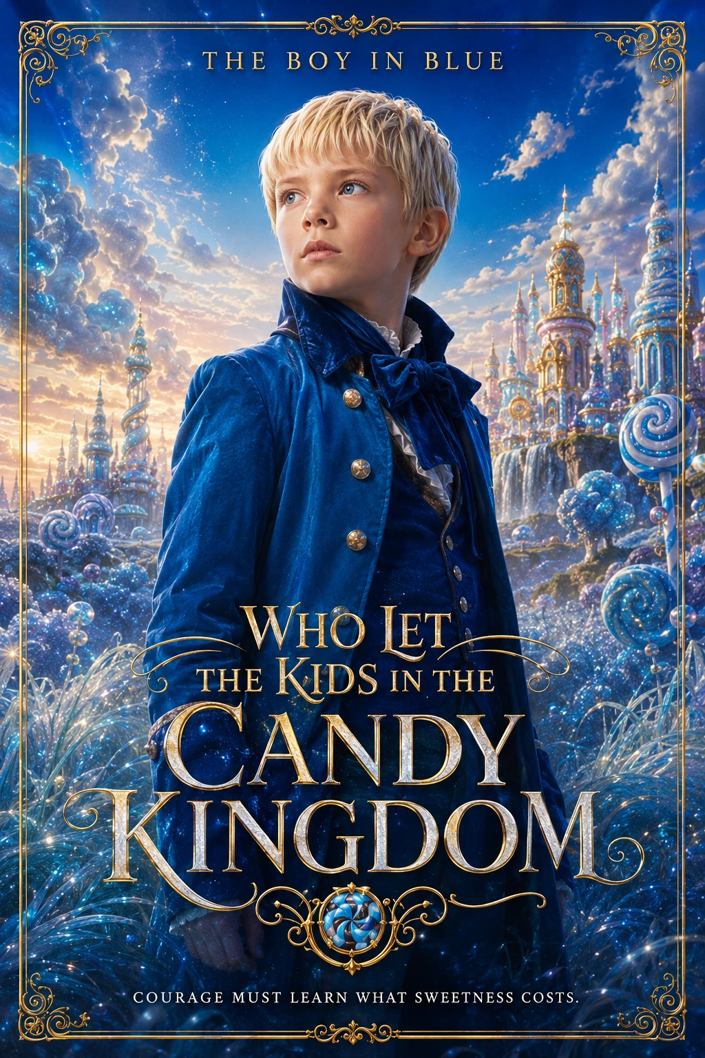 A courageous boy in a deep blue coat within the Blue Kingdom.