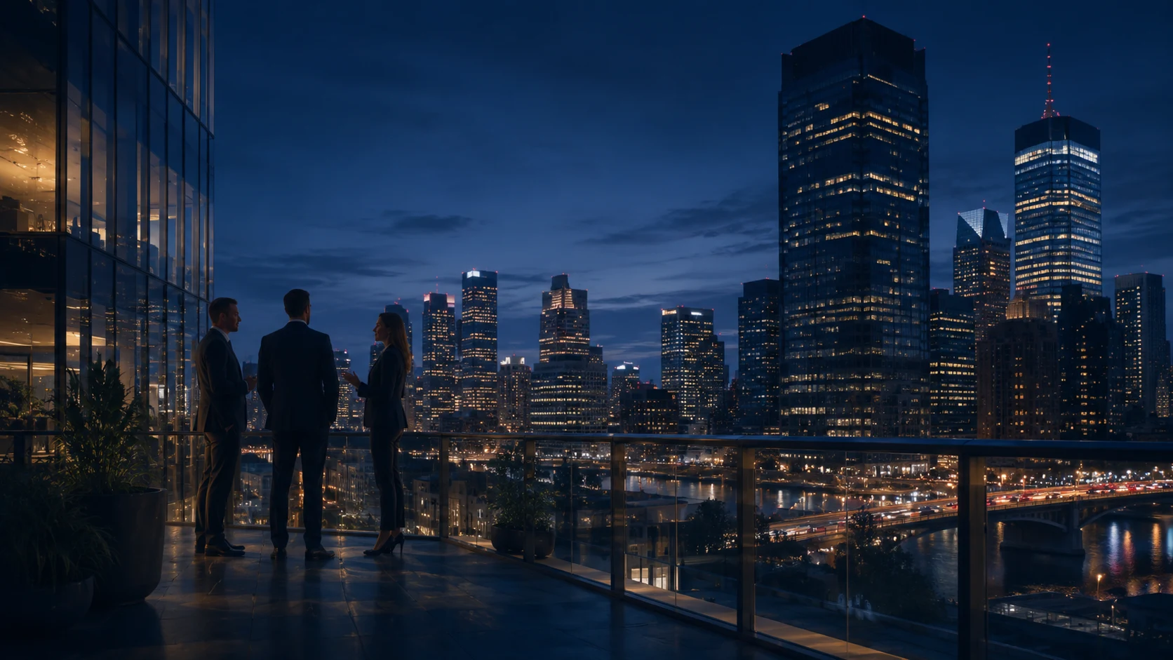 Business leaders overlooking a modern Canadian city.