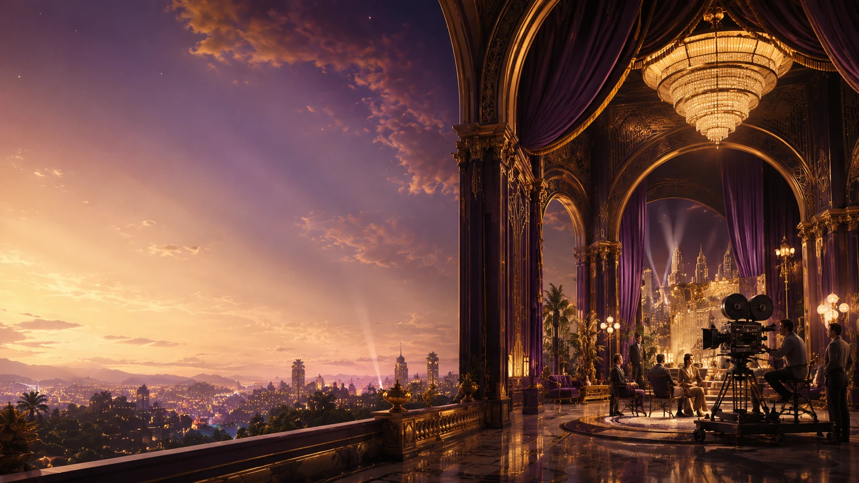 A theatrical Golden Age studio opening toward a luminous story world.