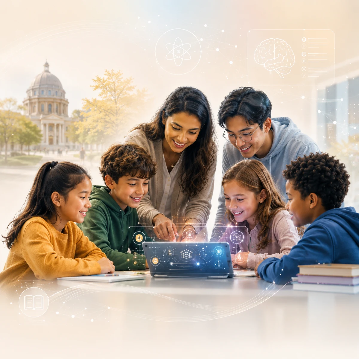 Children and teacher using an AI learning tablet in a bright classroom