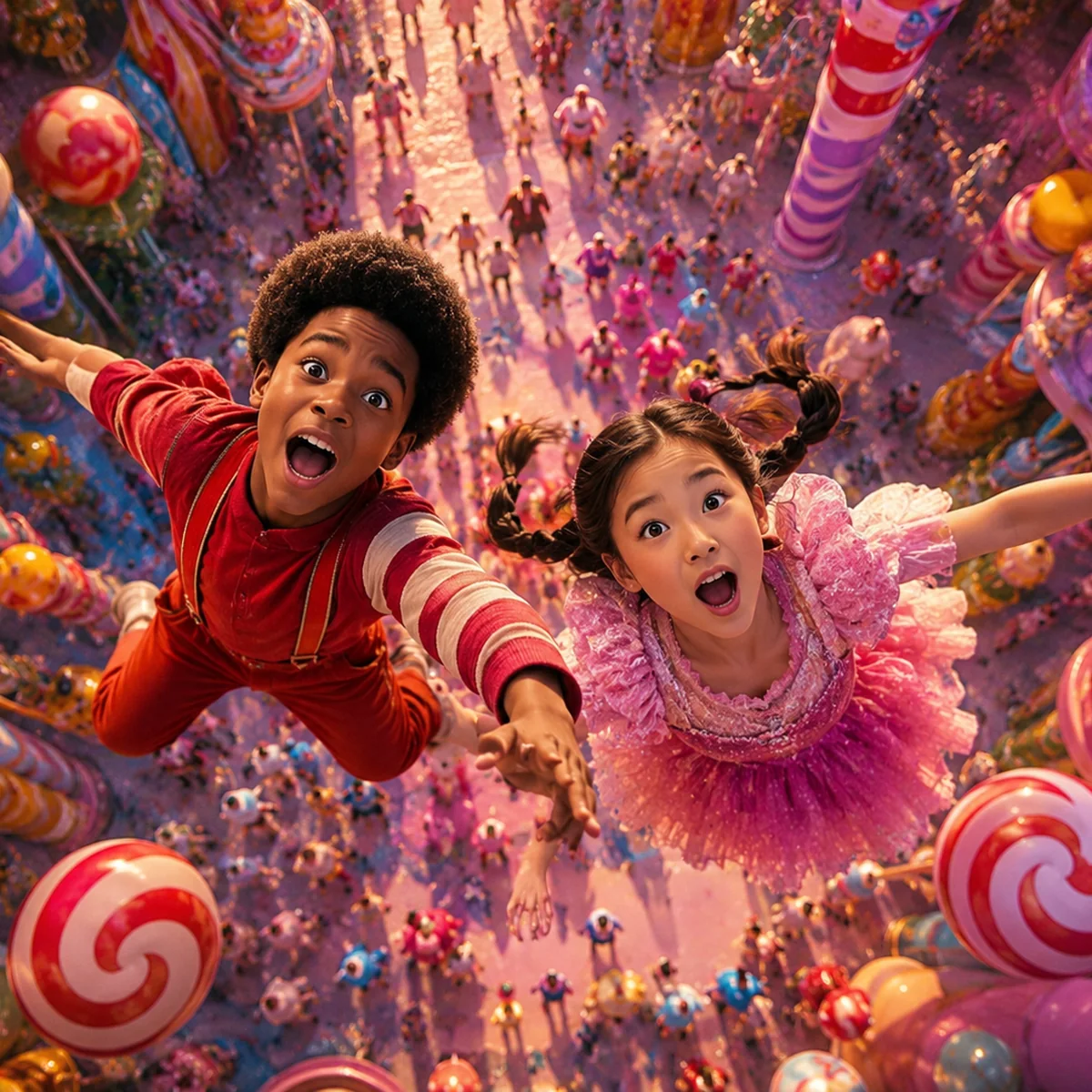 Candy Kingdom flying children cinematic fantasy scene